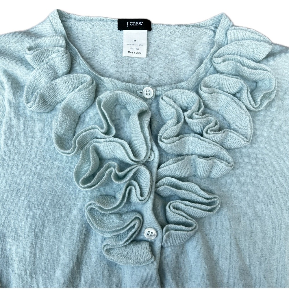 J.Crew Ruffle Cardigan Sweater Merino Wool S Fitted Women Seafoam Button Front - Picture 2 of 9